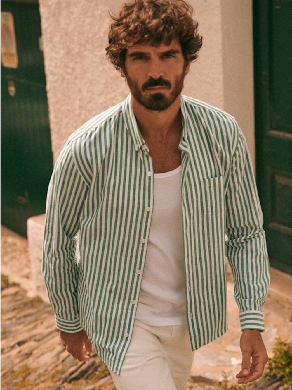 Octobre Editions Charlie Shirt Green Stripe Cotton Linen Button Down Size L